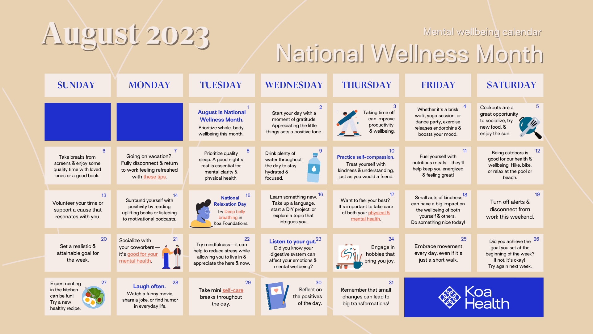 Mental wellbeing calendar August 2023
